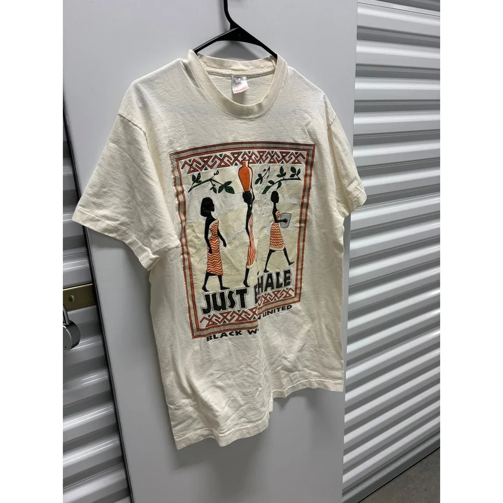 90s Vintage Fruit of the Loom Just Exhale T-Shirt Women Large Cream Graphic Good - Picture 5 of 5